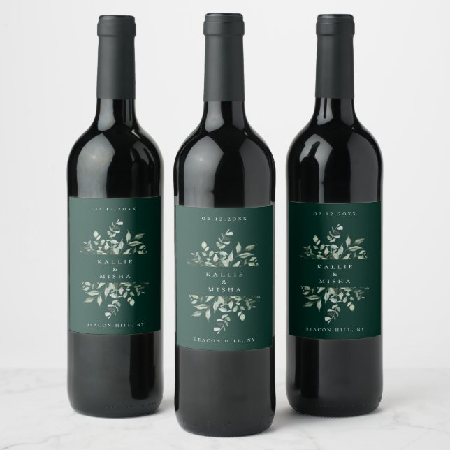Natural Botanic Foliage Frame Emerald Green Wine Label (Bottles)