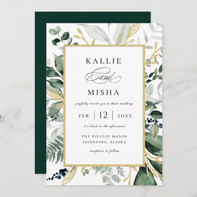 Natural Botanic Foliage Frame Emerald Wedding Invitation (Front/Back)