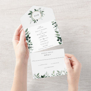 Natural Botanic Greenery Emerald Green Wedding All In One Invitation