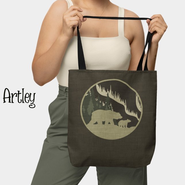 Natural Brown Bears Outdoor Scene Northern Lights  Tote Bag (Creator Uploaded)