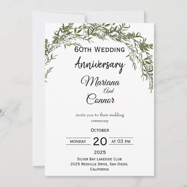 Natural Classic Greenery Wedding Anniversary  Invitation (Front)