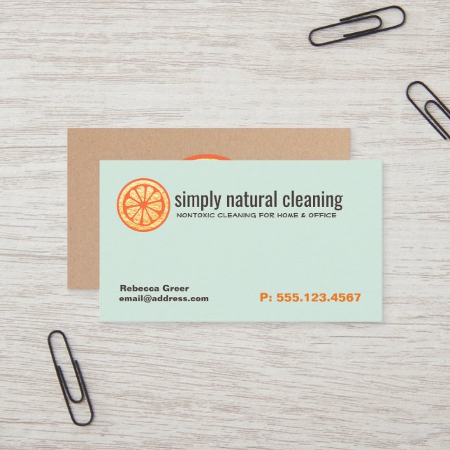 Natural Cleaning Service Orange Sponge Business Card (Front/Back In Situ)
