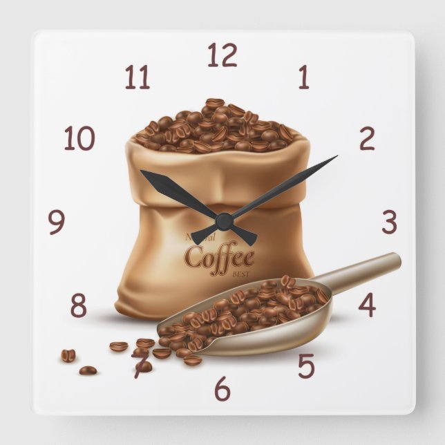Natural Coffee Best Bean Bag and Scoop Square Wall Clock (Front)