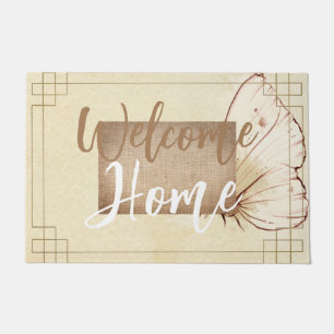 Natural colours brown beige burlap script text cut doormat