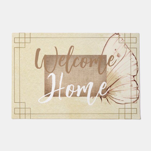 Natural colours brown beige burlap script text cut doormat (Front)