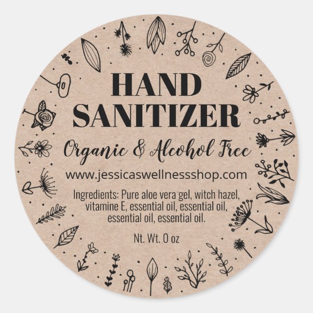 Natural Floral Homemade Hand Sanitizer Kraft Label (Front)