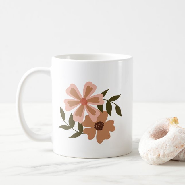 Natural Floral Peach Brown Motif Green Vines  Coffee Mug (With Donut)