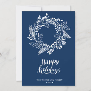 Natural Floral Wreath   Poinsettia Pine Bough Blue Holiday Card
