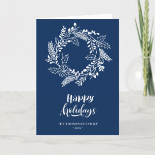 Natural Floral Wreath Poinsettia Pine Bough Blue Holiday Card