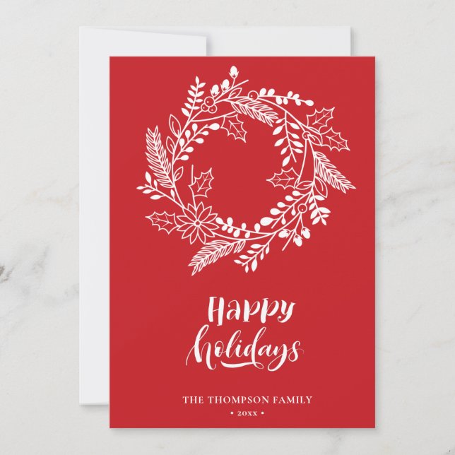 Natural Floral Wreath | Poinsettia Pine Bough Red Holiday Card (Front)