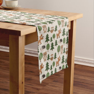 Natural Forest Animals Deer Owl Bear Pine Trees Long Table Runner