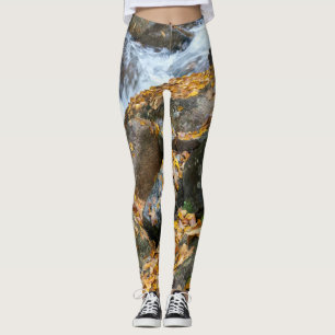 natural golden leaves waterfall rocks leggings
