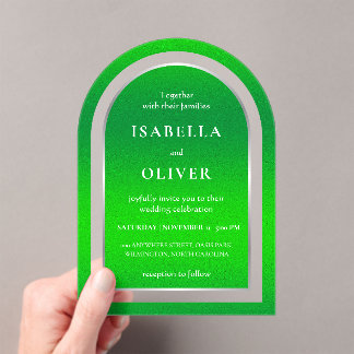 Natural grass green white text wedding acrylic invitations