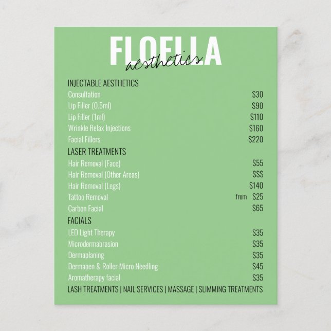 Natural Green Aesthetics Salon Services Price List Flyer (Front)