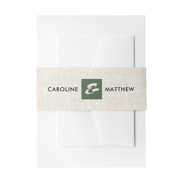 Natural | Green Burlap Texture Wedding  Invitation Belly Band (Front Example)
