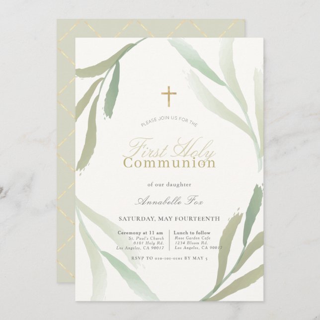 Natural Green Foliages First Holy Communion Invitation (Front/Back)
