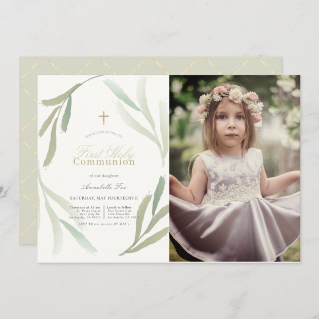 Natural Green Foliages Photo First Holy Communion Invitation (Front/Back)