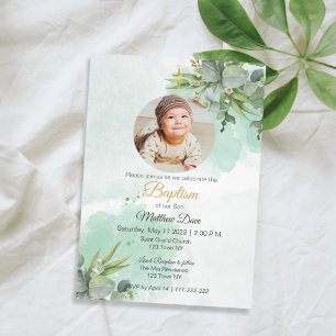Natural Green Leaves with Photo Baptism Invitation
