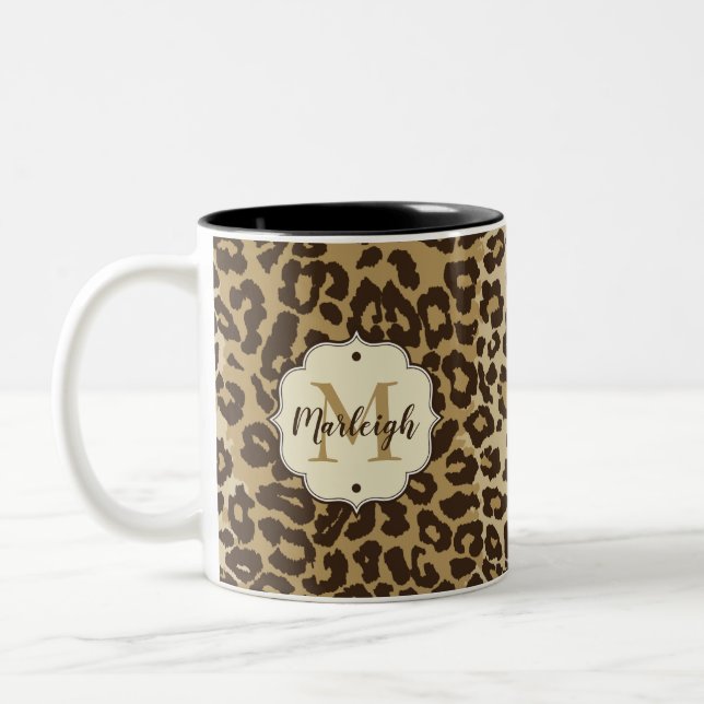 Natural Leopard Custom Monogram Name Two-Tone Coffee Mug (Left)