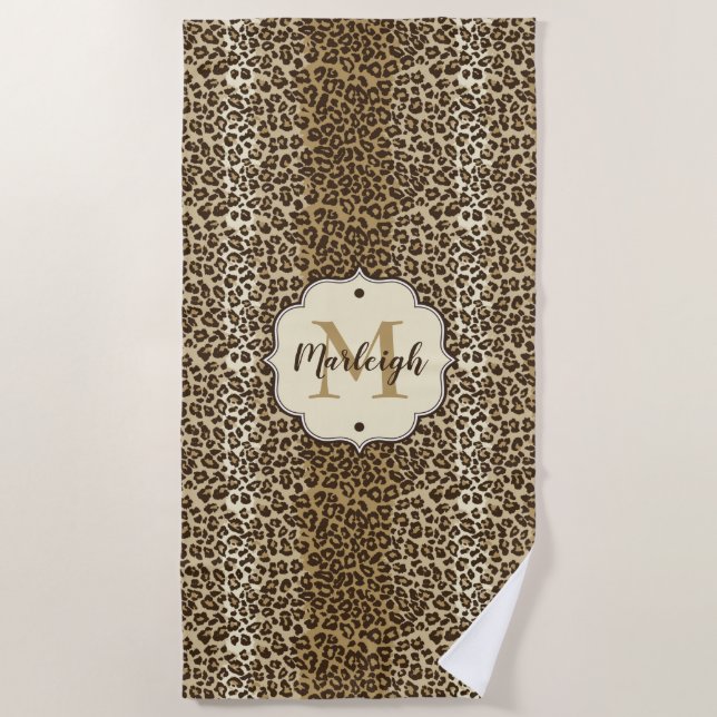 Natural Leopard Print Custom Monogram Name Beach Towel (Front)