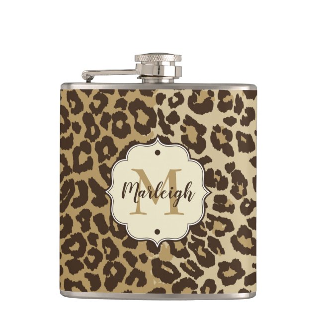 Natural Leopard Print Custom Monogram Name Hip Flask (Front)