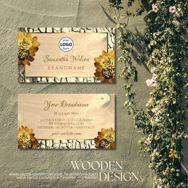 Natural Light Brown Wood Tree Bark and Logo Floral Business Card (Creator Uploaded)