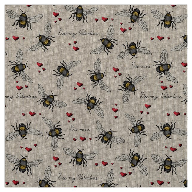 Natural Linen Bee Mine Bees Illustration Pattern Fabric (Swatch)