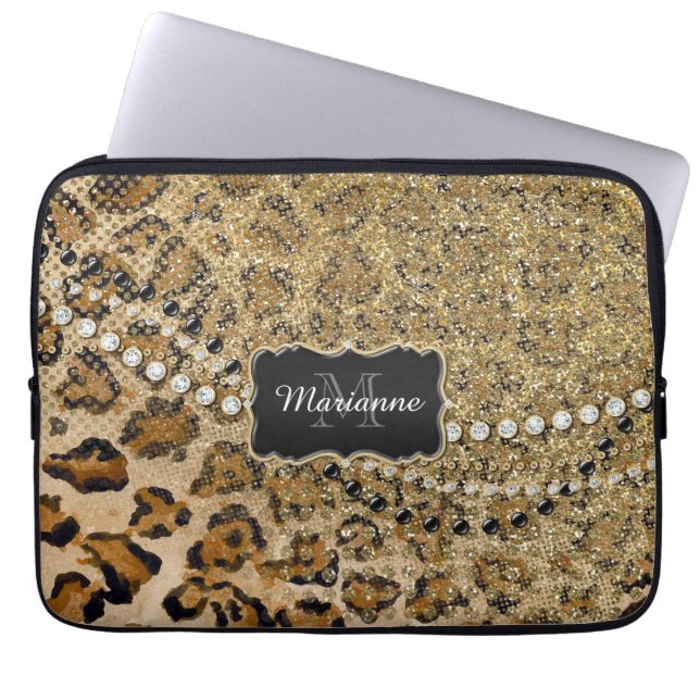 Natural n Gold Leopard Animal Print Glitter Look Laptop Sleeve (Front)