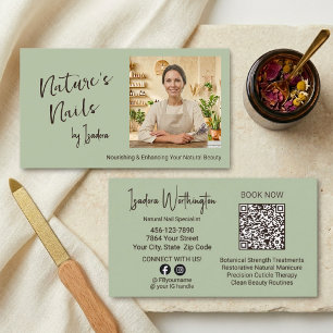 Natural Nails Photo Aspen Sage Green Social QR Business Card