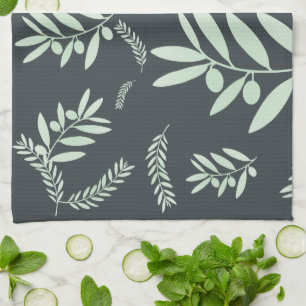 Natural olive branch pattern tea towel