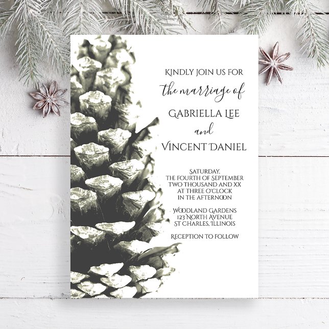 Natural Pine Cone on White Woodland Wedding Invitation (Creator Uploaded)