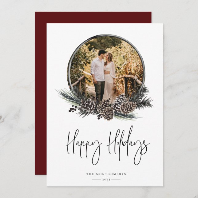 Natural Pine Wreath Photo Holiday Card (Front/Back)