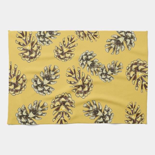 Natural Pinecones on Soft Gold Kitchen Towel (Horizontal)