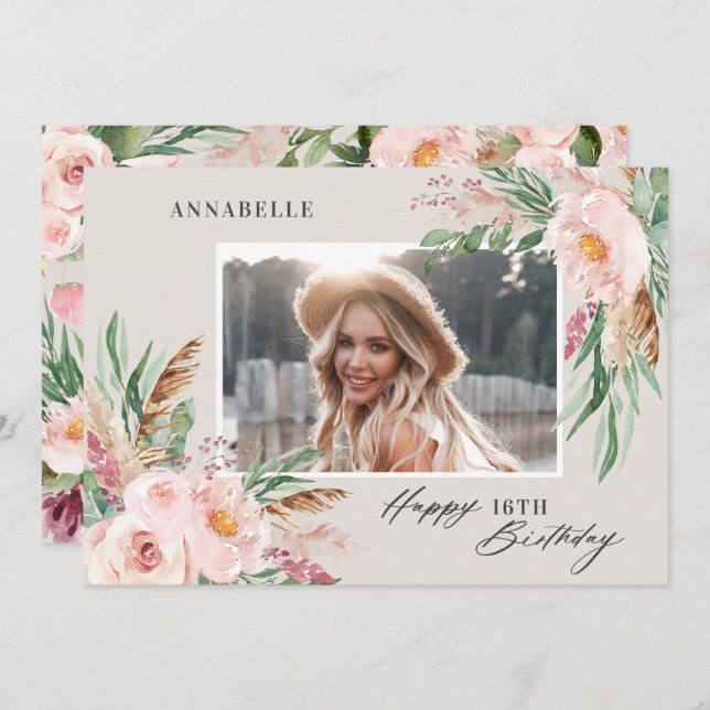 Natural Pink girly modern floral photo birthday Invitation (Front/Back)