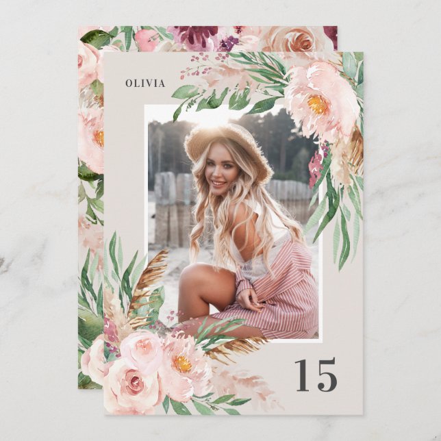 Natural Pink girly modern floral photo birthday Invitation (Front/Back)
