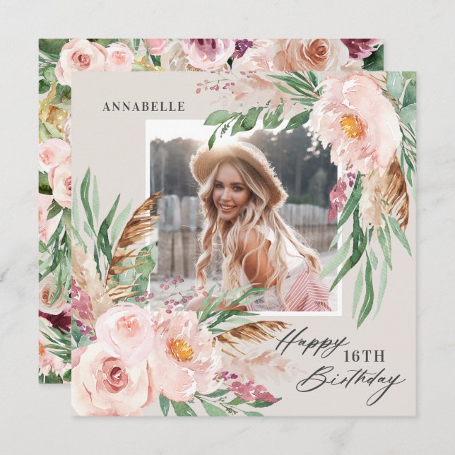 Natural Pink girly modern floral photo birthday Invitation (Front/Back)