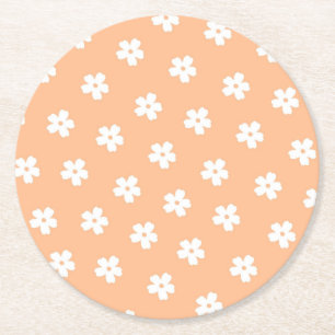 Natural Preppy Peach White Hippie Flower Pattern Round Paper Coaster