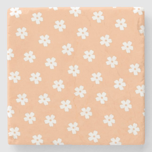 Natural Preppy Peach White Hippie Flower Pattern  Stone Coaster (Front)