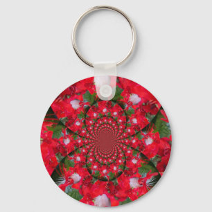 Natural Red Flower White Feather Kaleidoscope Art Key Ring