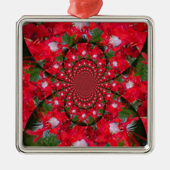 Natural Red Flower White Feather Kaleidoscope Art Metal Ornament (Front)