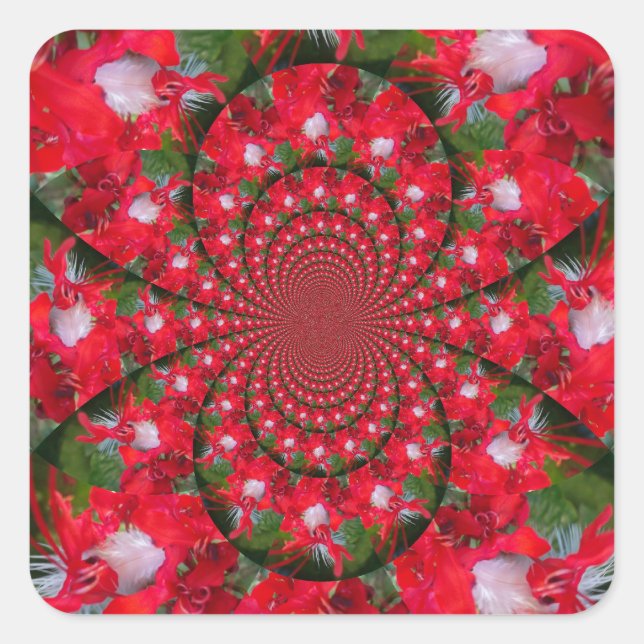 Natural Red Flower White Feather kaleidoscope art  Square Sticker (Front)