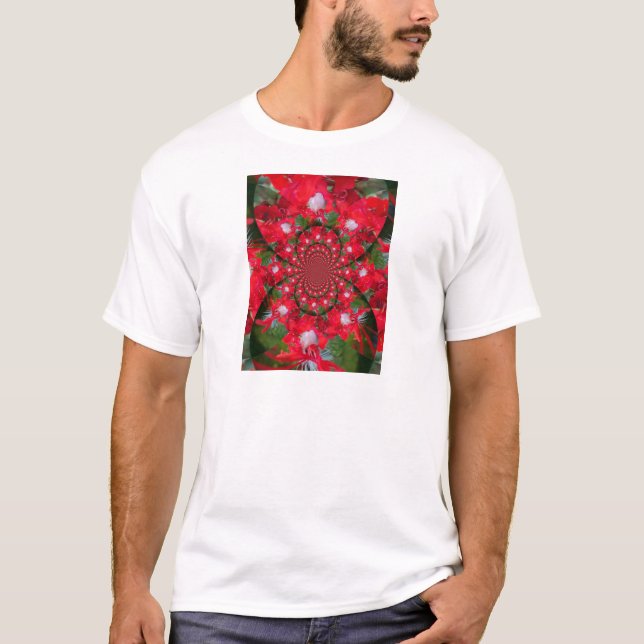 Natural Red Flower White Feather Kaleidoscope Art T-Shirt (Front)