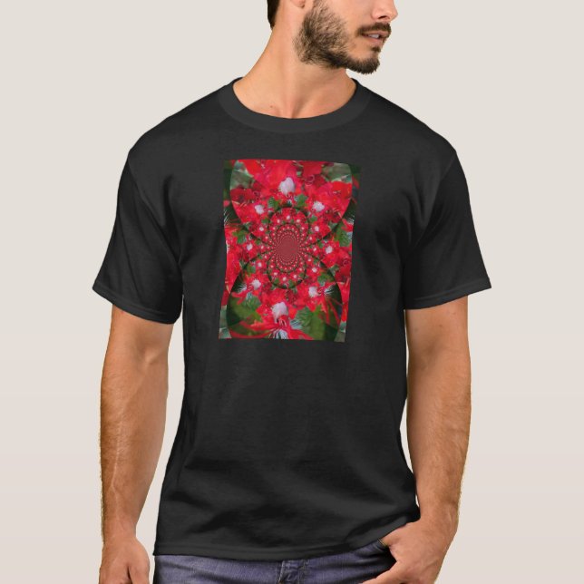 Natural Red Flower White Feather Kaleidoscope Art T-Shirt (Front)