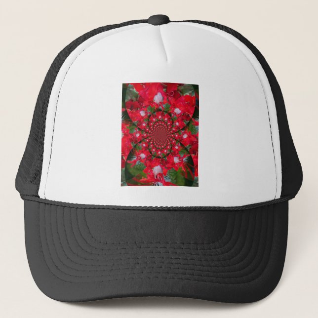 Natural Red Flower White Feather Kaleidoscope Art Trucker Hat (Front)