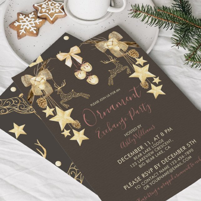 Natural Rose Gold Holiday Ornament Exchange Party Invitation (Creator Uploaded)