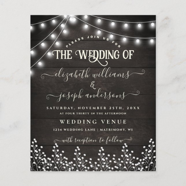 Natural Rustic Wood & Floral White Lights wedding  Flyer (Front)