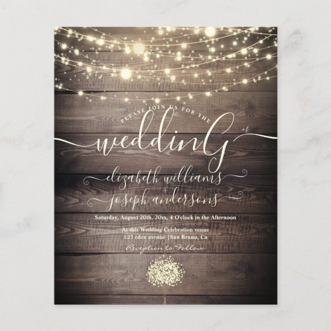 Natural Rustic Wood & White Lights String wedding  Flyer (Front)