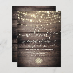 Natural Rustic Wood & White Lights String wedding Invitation