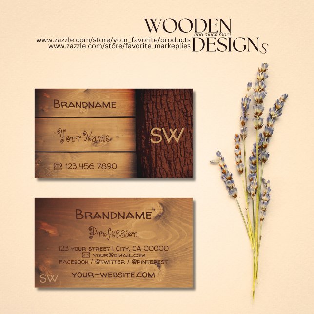 Natural Rustic Wooden Boards Tree Bark Monogram Business Card (Creator Uploaded)