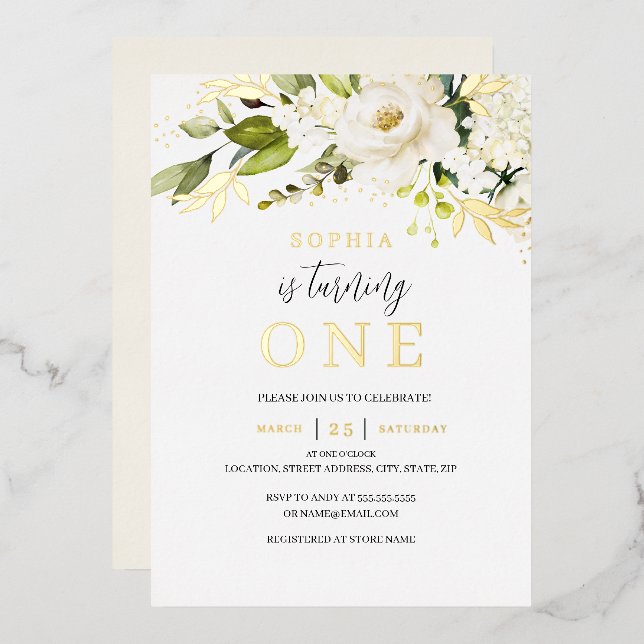 Natural Soft Cream White Floral Girl 1st Birthday (Front/Back)